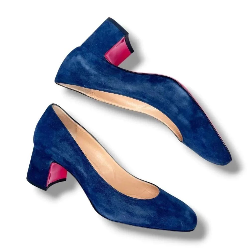 Christian Louboutin Donna Stud 55 Veau Velours Blue Suede Block Heel Pump 38.5 - Picture 4 of 9